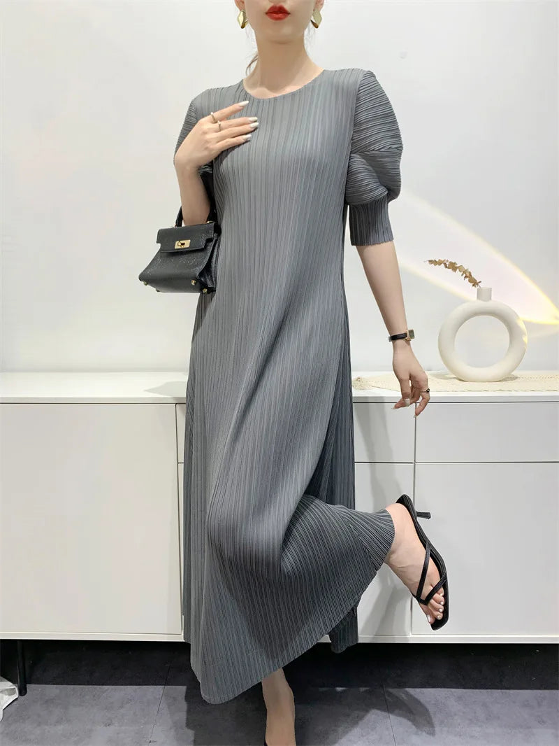 YUDX Miyake Pleated Fashion Women's Dresses Loose Plus Size Medium-length Round Neck Short-sleeved Girls Dresses 2024 Summer New