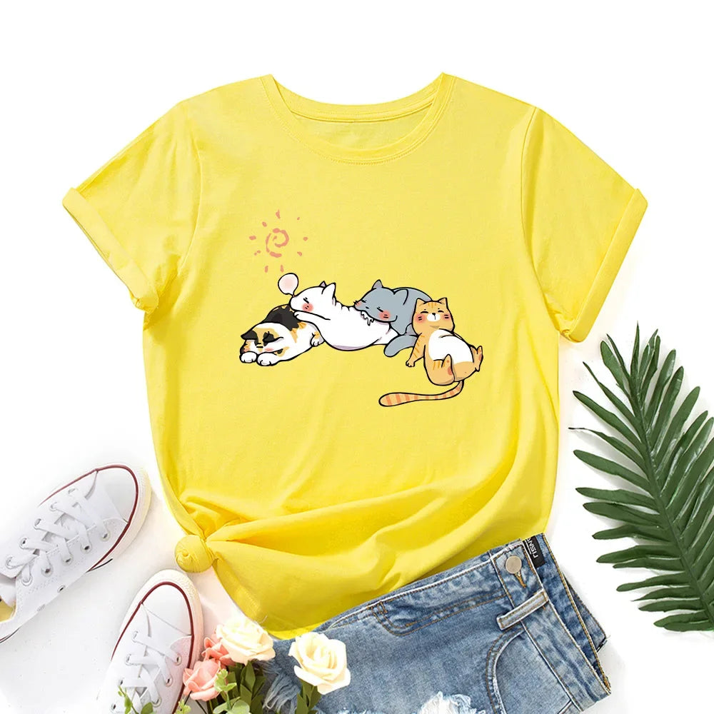 100% Cotton Women Tshirt Sleeping Cat Graphic Print Loose Tees Shirt Short Sleeve Woman T-shirt Summer Female Tops