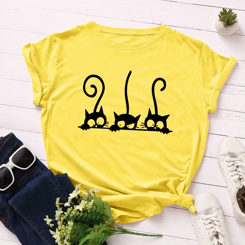 100% Cotton Women T Shirt New Cat Print T-shirts Female Short Sleeve Tees Tops Woman Summer Tshirt
