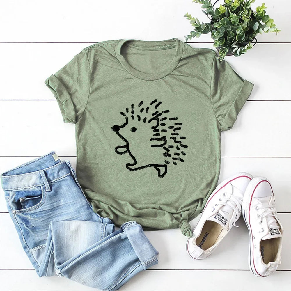 100% Cotton Women T-shirts Cute Hedgehog Printed Graphic T Shirts Woman Short Sleeve Tees Top Female Clothing Ladies Tshirt