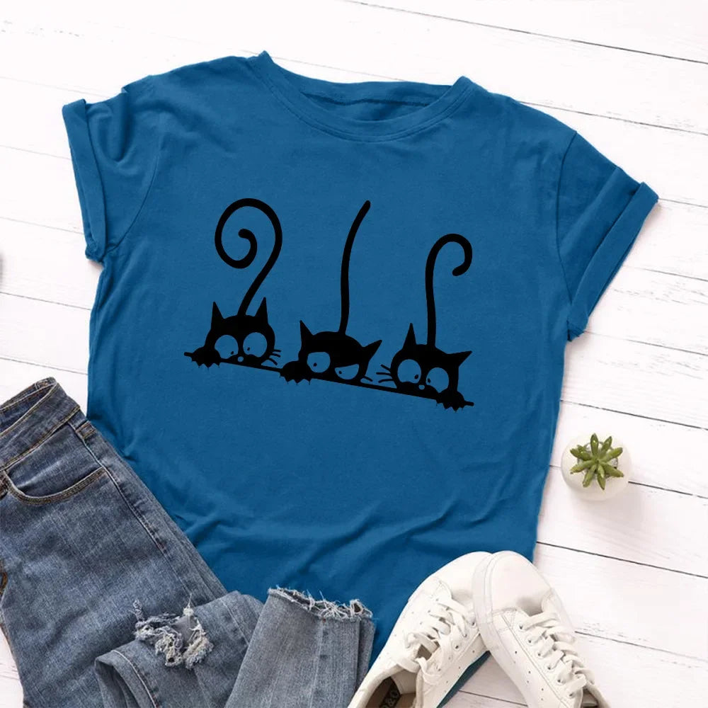 100% Cotton Women T Shirt New Cat Print T-shirts Female Short Sleeve Tees Tops Woman Summer Tshirt