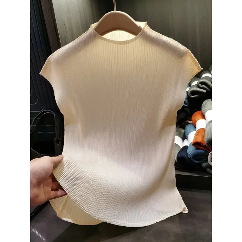 Miyake Versatile Classic Simple Solid Color Stand Up Collar Pleated Top Women Slim Slim Short Sleeve Miyake T-shirt Summer 2025