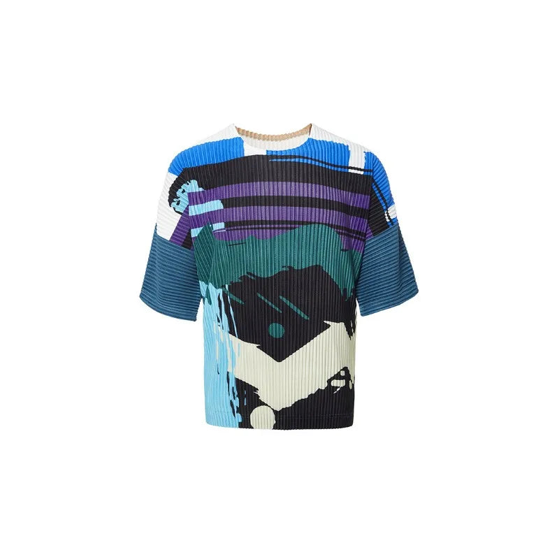 YUDX Pleated Men's Tops Printed T-shirt Loose Plus Size Short Sleeve Round Neck T-Shirt 2024 Summer New