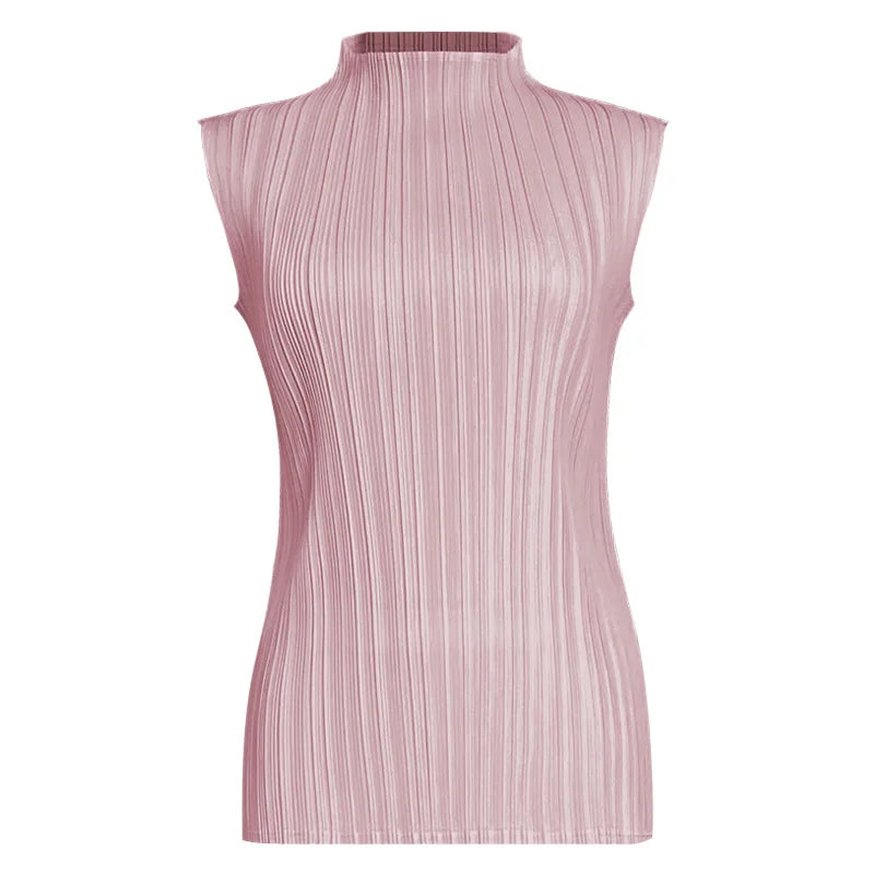 Miyake Pleated Elegant Fashion Temperament Solid Color Half High Neck Sleeveless Women's Vest 2026 Summer New Breathable Top