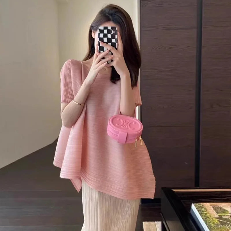 Pleated Fashion Temperament Solid Loose Plus Size Comfortable Diagonal Hem Top + Wrap Hip Half Skirt Summer Wear 2024 Summer New
