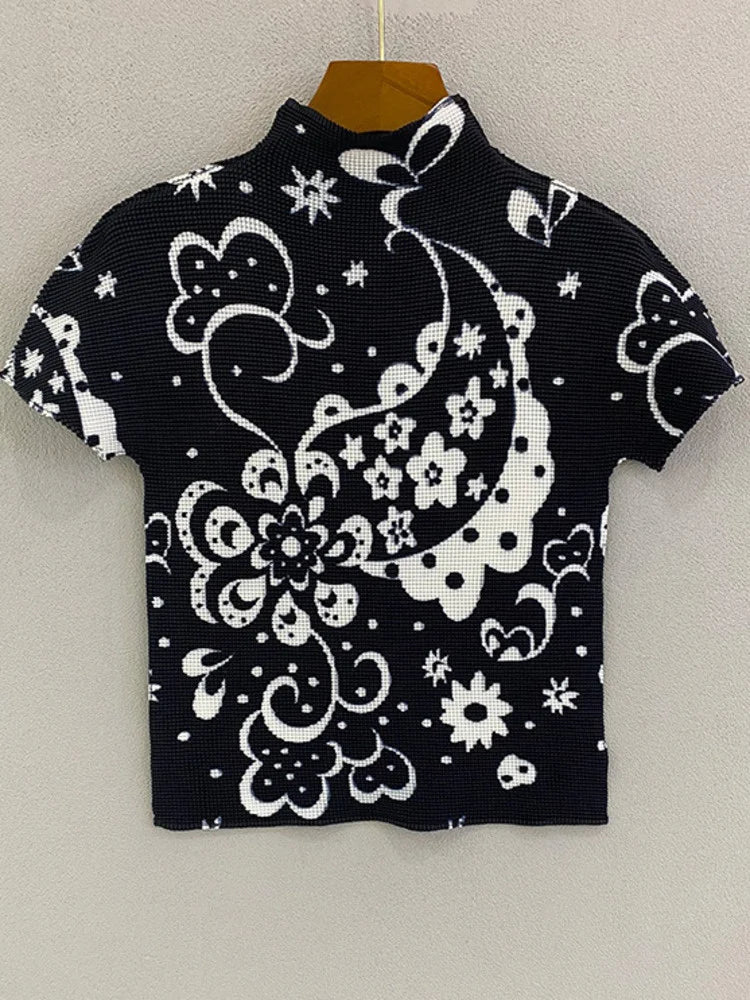 YUDX Printing Pleated T Shrit Woman Turtleneck Short Sleeve Pullover Elastic Slim Fit Tops High Street 2025 New Summer