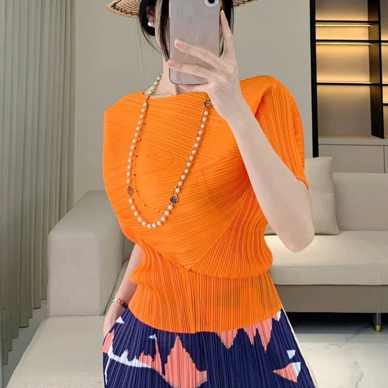 Miyake Pleated Irregular Short-sleeved Chic Women's T-shirt Versatile Elegant Elastic Slim Casual 2025 Summer New Pullover Tops