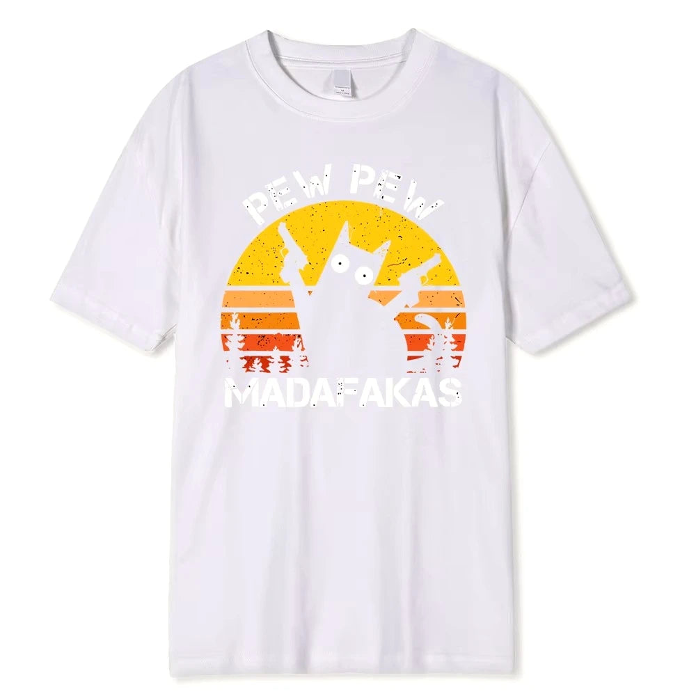 Pew Pew Madafakas Tshirt Men Short Sleeve Novelty Funny Cat T Shirt Cotton Loose Tops Shirts Tee T-Shirt Daily Streetwear