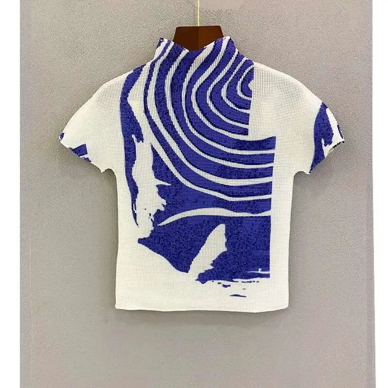 YUDX Printing Pleated T Shrit Woman Turtleneck Short Sleeve Pullover Elastic Slim Fit Tops High Street 2025 New Summer