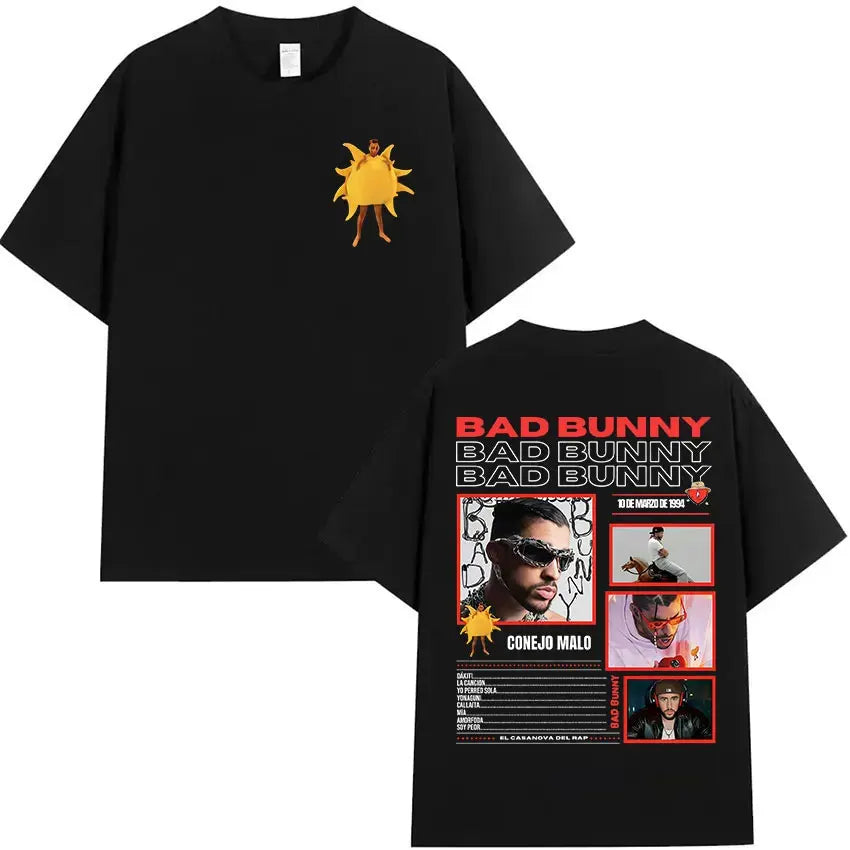 Rapper Bad Bunny's 2025 tour album printed T-shirt for men, casual and fashionable 100% cotton short-sleeved