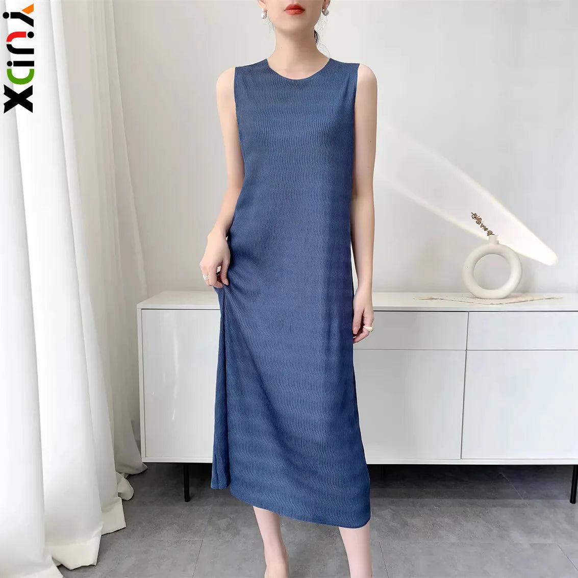 YUDX  2026 Summer Cooling Dress Miyake Pleated Round Neck Sleeveless Midi Dress Lightweight Women's Casual Resort Stylish Dress