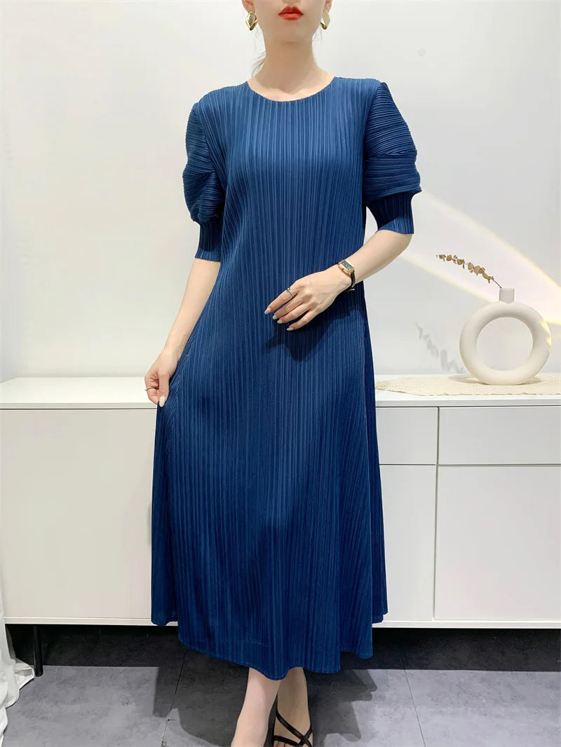 YUDX Miyake Pleated Fashion Women's Dresses Loose Plus Size Medium-length Round Neck Short-sleeved Girls Dresses 2024 Summer New