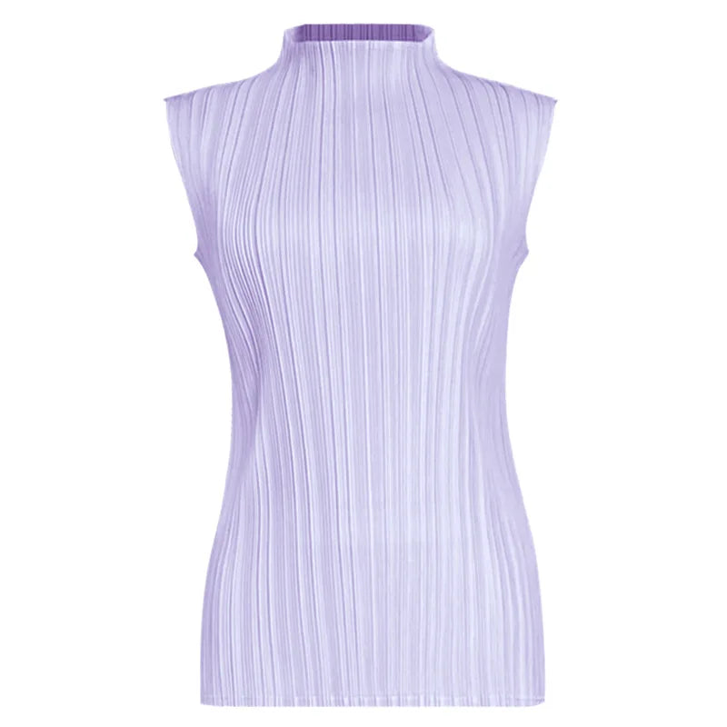 Miyake Pleated Elegant Fashion Temperament Solid Color Half High Neck Sleeveless Women's Vest 2026 Summer New Breathable Top