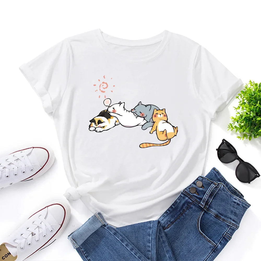 100% Cotton Women Tshirt Sleeping Cat Graphic Print Loose Tees Shirt Short Sleeve Woman T-shirt Summer Female Tops