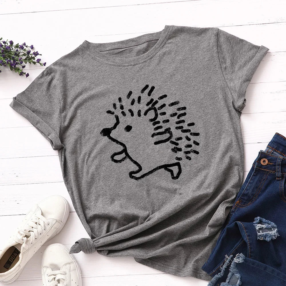 100% Cotton Women T-shirts Cute Hedgehog Printed Graphic T Shirts Woman Short Sleeve Tees Top Female Clothing Ladies Tshirt