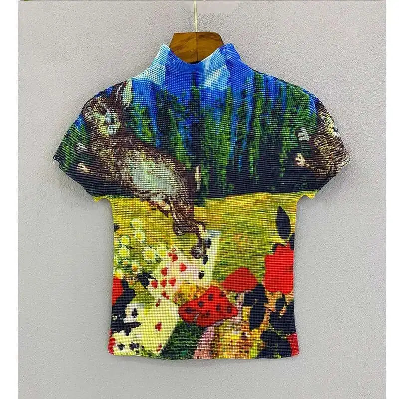 YUDX Printing Pleated T Shrit Woman Turtleneck Short Sleeve Pullover Elastic Slim Fit Tops High Street 2025 New Summer
