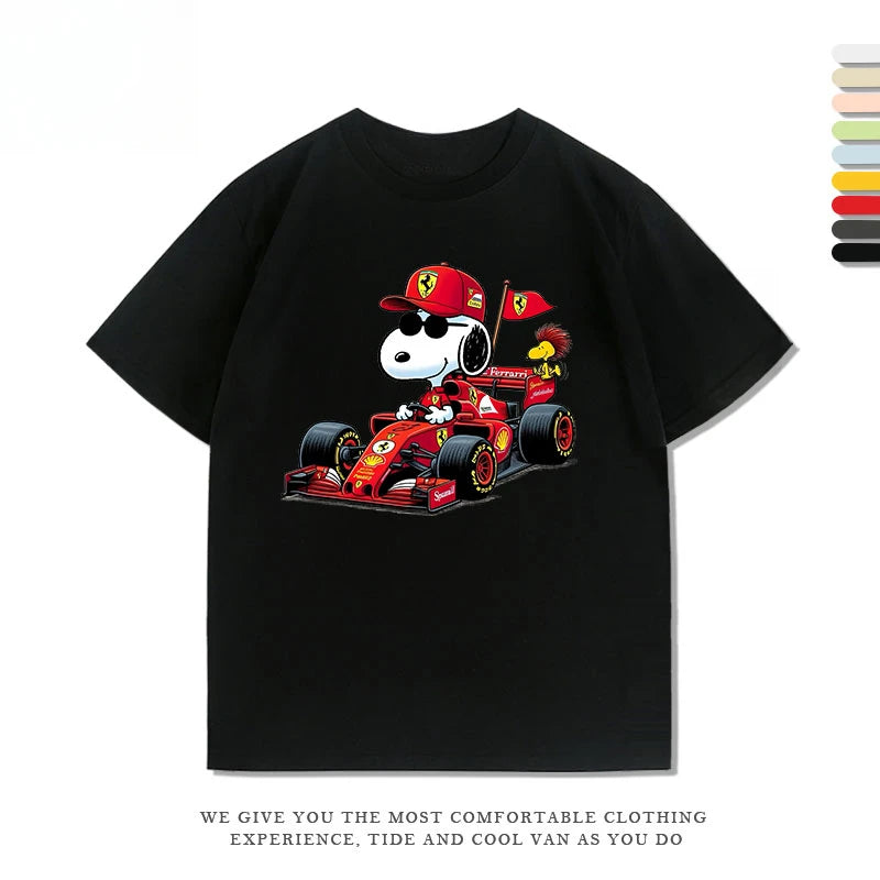 Disney Snoopy F1 Racing Anime Women's T-shirt Funny Printed Summer Fashion Casual Cotton T-shirt Short Sleeve Motorcycle T-shirt