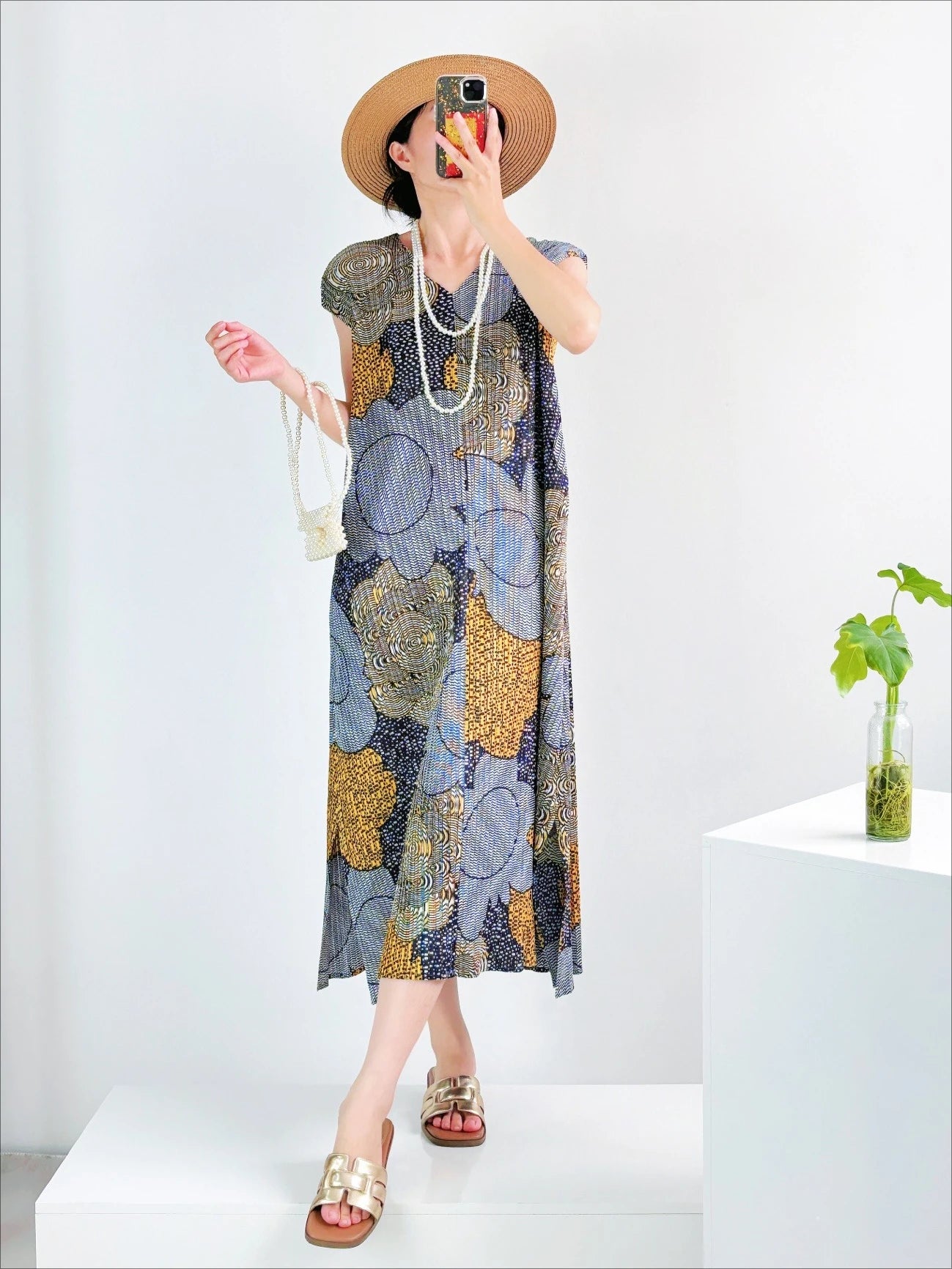 YUDX Brown Floral Blue Print Miyake Pleated Vneck Cap Sleeve Maxi Dress, Lightweight Slit Women's Casual Vacation Boho Dress New