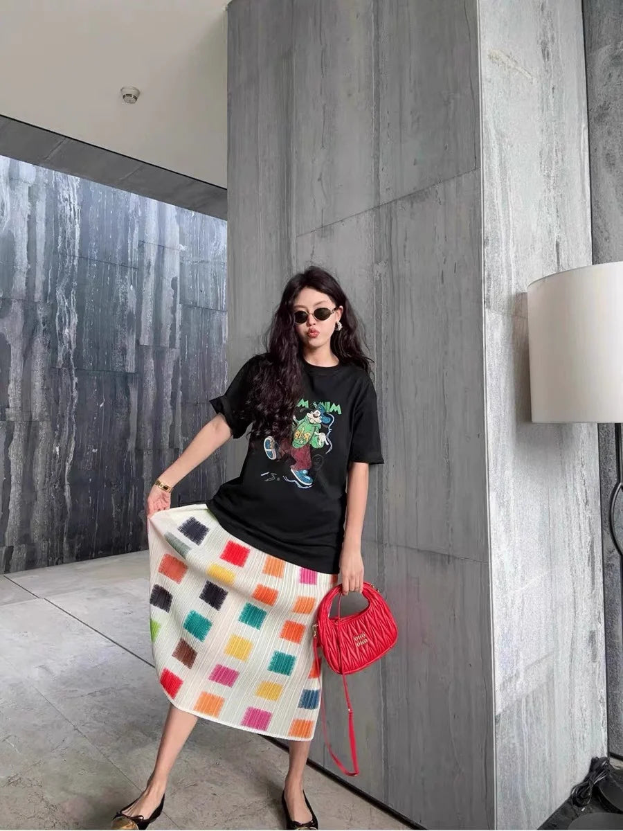 YUDX Miyake Pleated Printed Half Skirt 2025 Summer New Plaid High Waist A-Line Skirt