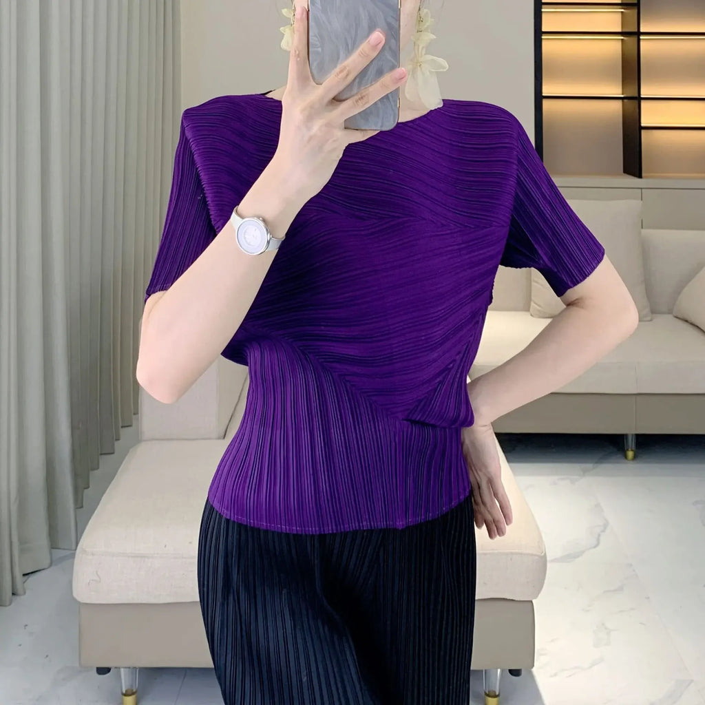 Miyake Pleated Irregular Short-sleeved Chic Women's T-shirt Versatile Elegant Elastic Slim Casual 2025 Summer New Pullover Tops