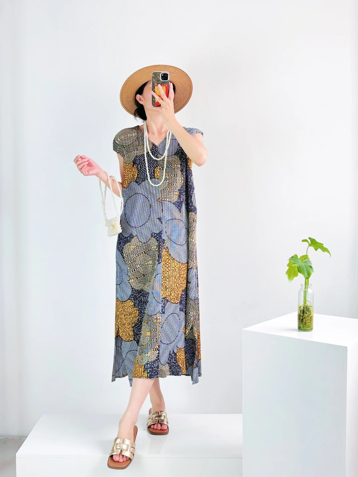 YUDX Brown Floral Blue Print Miyake Pleated Vneck Cap Sleeve Maxi Dress, Lightweight Slit Women's Casual Vacation Boho Dress New