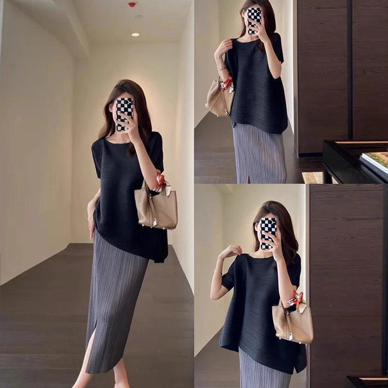 Pleated Fashion Temperament Solid Loose Plus Size Comfortable Diagonal Hem Top + Wrap Hip Half Skirt Summer Wear 2024 Summer New