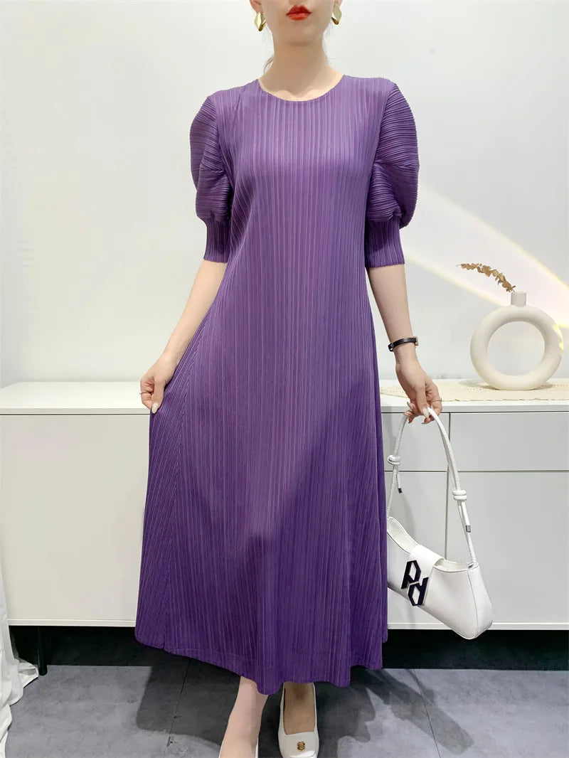 YUDX Miyake Pleated Fashion Women's Dresses Loose Plus Size Medium-length Round Neck Short-sleeved Girls Dresses 2024 Summer New