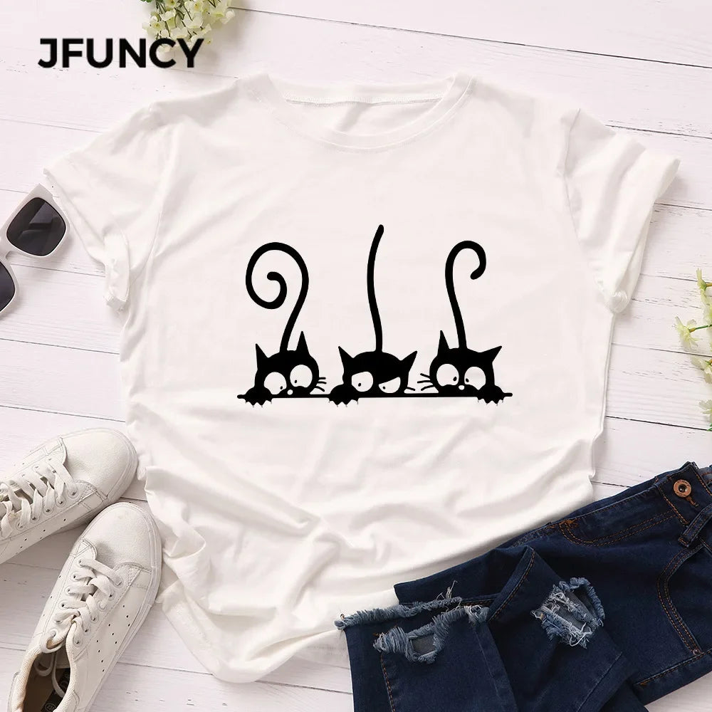 100% Cotton Women T Shirt New Cat Print T-shirts Female Short Sleeve Tees Tops Woman Summer Tshirt
