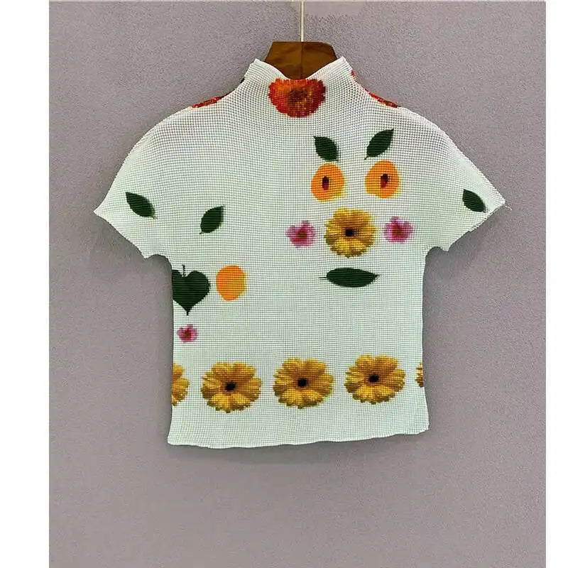 YUDX Printing Pleated T Shrit Woman Turtleneck Short Sleeve Pullover Elastic Slim Fit Tops High Street 2025 New Summer