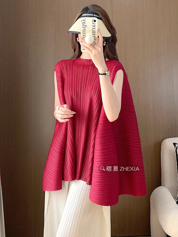 YUDX Ivory Miyake Pleated Sleeveless Tunic Top Lightweight Wrinkle-Resistant Women's Casual Daily Vacation Beach Office Blouse