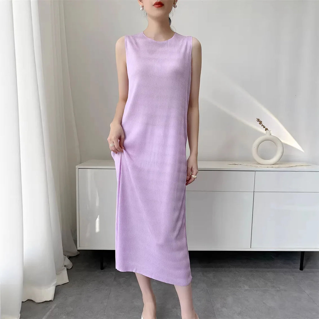 YUDX  2026 Summer Cooling Dress Miyake Pleated Round Neck Sleeveless Midi Dress Lightweight Women's Casual Resort Stylish Dress