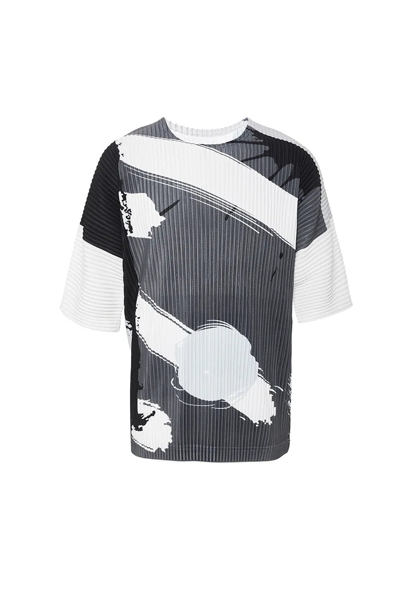 YUDX Pleated Men's Tops Printed T-shirt Loose Plus Size Short Sleeve Round Neck T-Shirt 2024 Summer New
