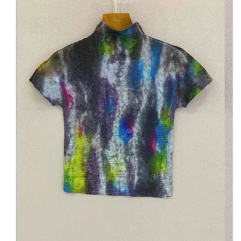 YUDX Printing Pleated T Shrit Woman Turtleneck Short Sleeve Pullover Elastic Slim Fit Tops High Street 2025 New Summer
