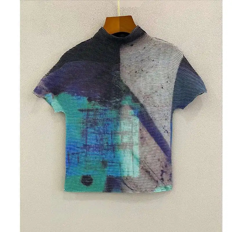 YUDX Printing Pleated T Shrit Woman Turtleneck Short Sleeve Pullover Elastic Slim Fit Tops High Street 2025 New Summer