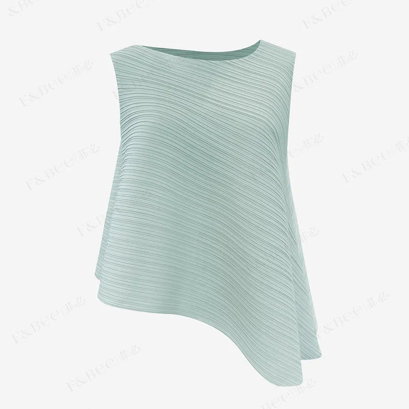 YUDX Women's Sleeveless T-shirt 2024 Fall New Loose Plus Size Wild Irregular Round Neck Solid Color Undershirt Pleated Tops