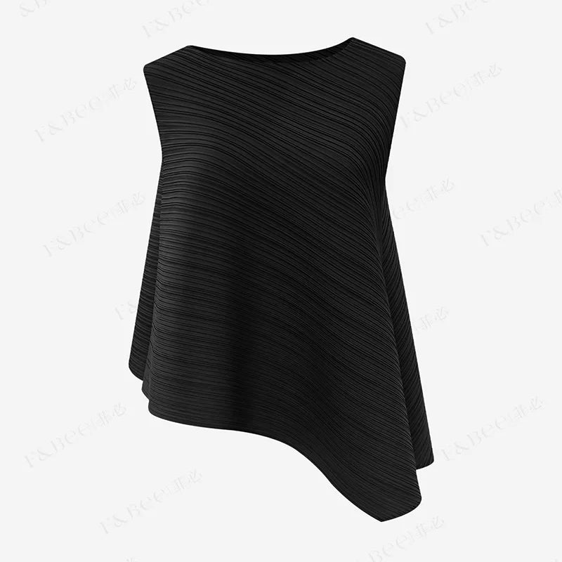 YUDX Women's Sleeveless T-shirt 2024 Fall New Loose Plus Size Wild Irregular Round Neck Solid Color Undershirt Pleated Tops