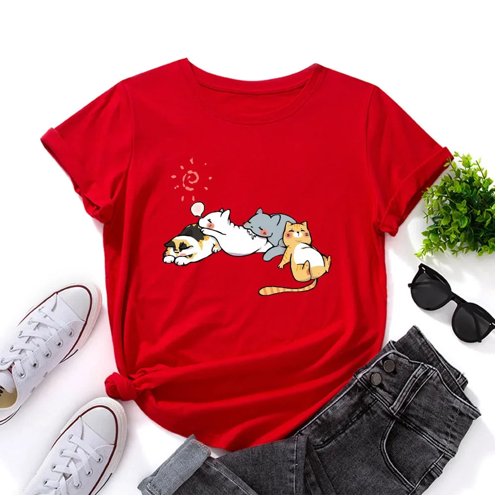100% Cotton Women Tshirt Sleeping Cat Graphic Print Loose Tees Shirt Short Sleeve Woman T-shirt Summer Female Tops