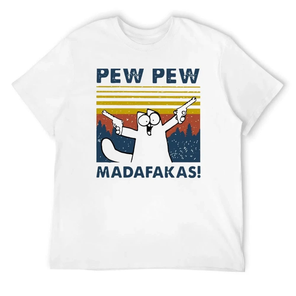 Pew Pew Madafakas Tshirt Men Short Sleeve Novelty Funny Cat T Shirt Cotton Loose Tops Shirts Tee T-Shirt Daily Streetwear