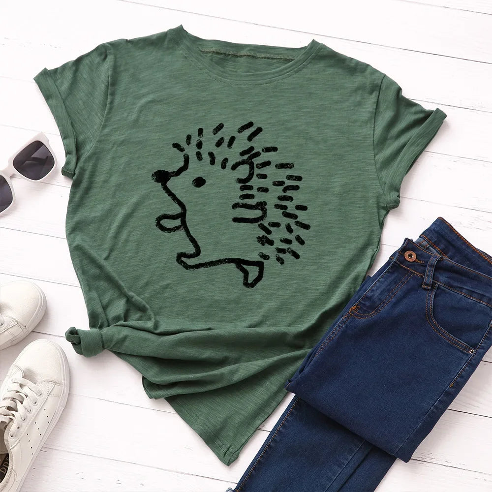 100% Cotton Women T-shirts Cute Hedgehog Printed Graphic T Shirts Woman Short Sleeve Tees Top Female Clothing Ladies Tshirt