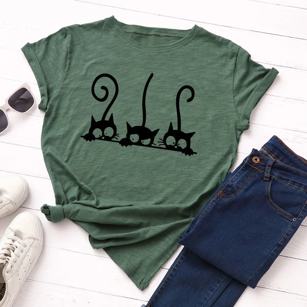 100% Cotton Women T Shirt New Cat Print T-shirts Female Short Sleeve Tees Tops Woman Summer Tshirt