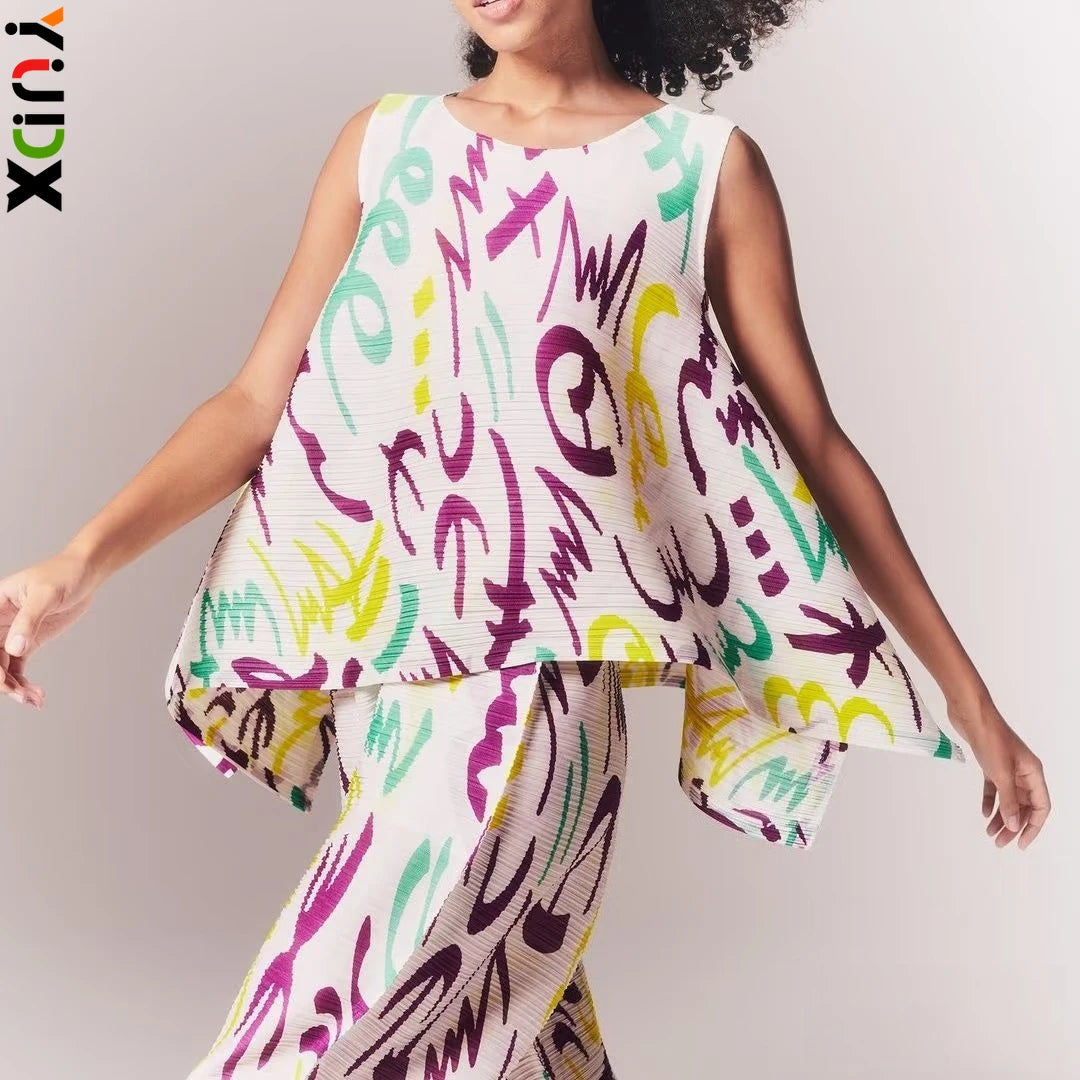 YUDX Vibrant Graffiti Print Miyake Pleated Asymmetric Sleeveless Top Lightweight Breathable Loose Fit Women's 2026 Summer Blouse