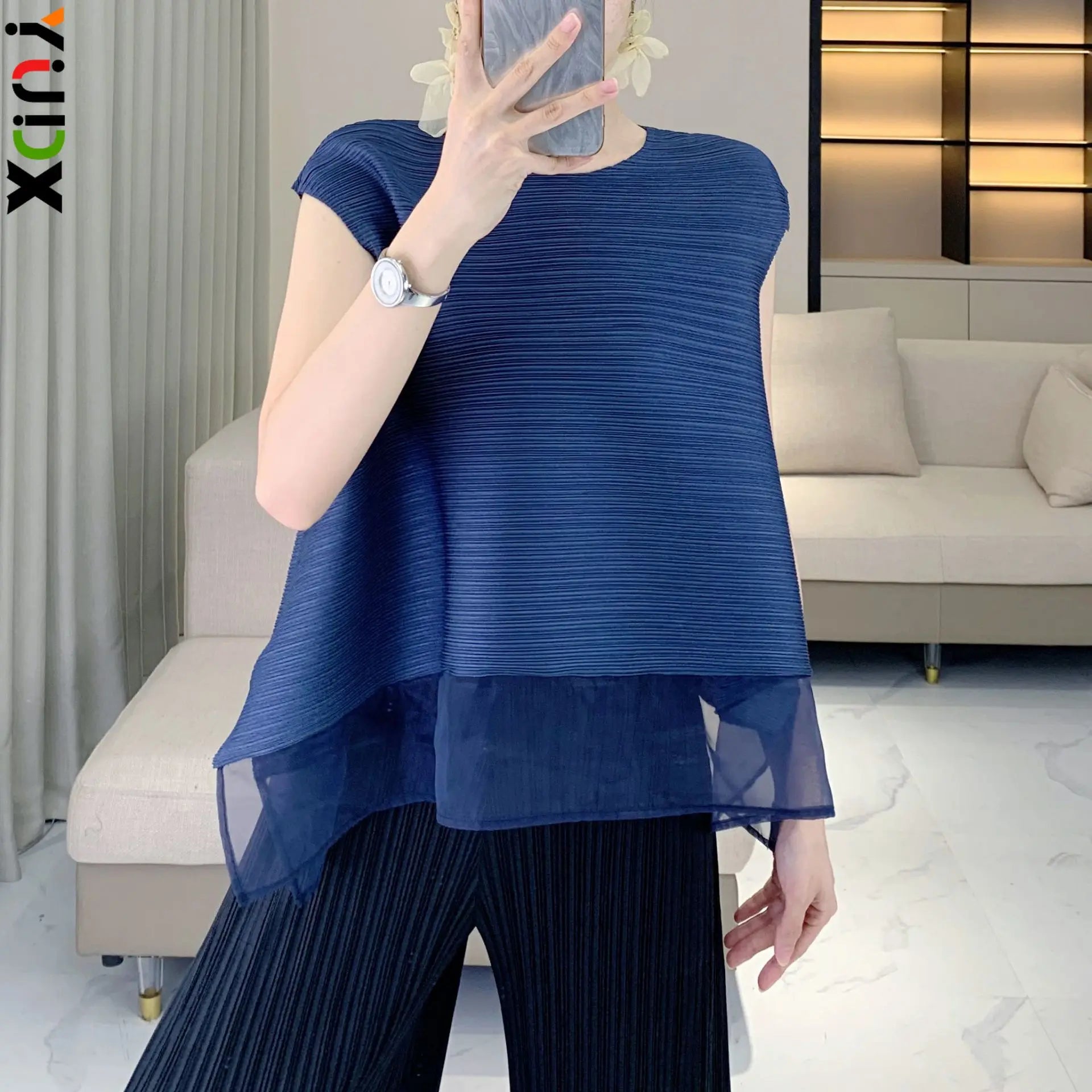 YUDX Elegant Deep Navy Blue Miyake Pleated Sleeveless O-Neck Top, Sheer Organza Hem Women's Casual Daily Office Brunch Blouse