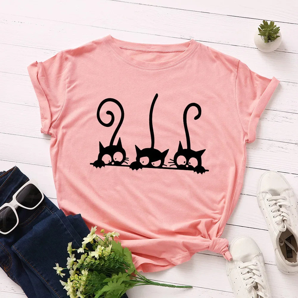 100% Cotton Women T Shirt New Cat Print T-shirts Female Short Sleeve Tees Tops Woman Summer Tshirt