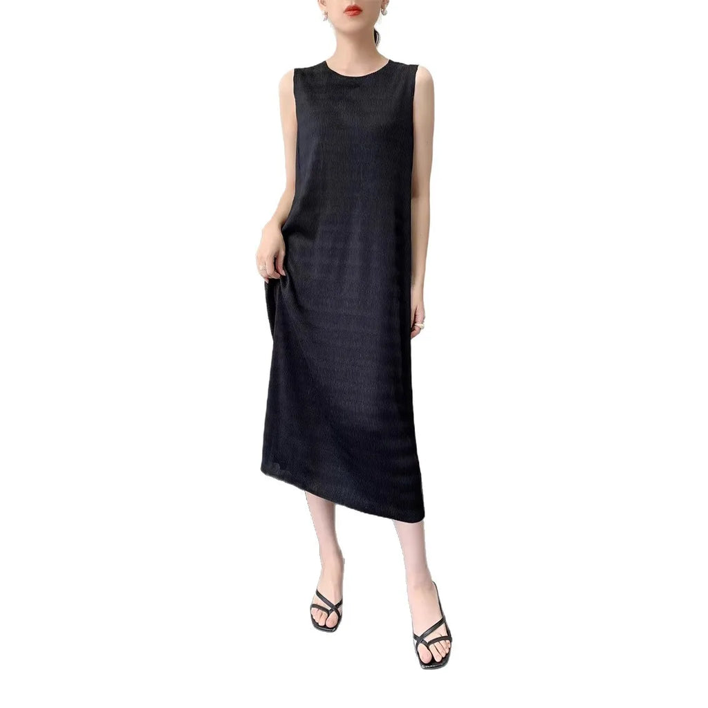 YUDX  2026 Summer Cooling Dress Miyake Pleated Round Neck Sleeveless Midi Dress Lightweight Women's Casual Resort Stylish Dress