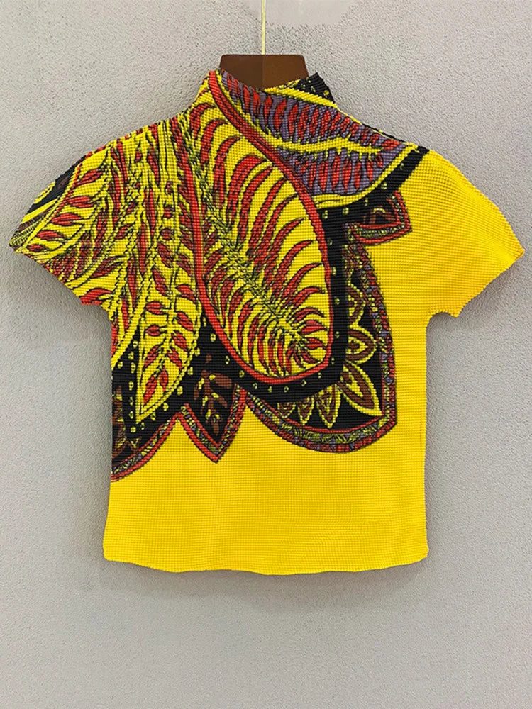 YUDX Printing Pleated T Shrit Woman Turtleneck Short Sleeve Pullover Elastic Slim Fit Tops High Street 2025 New Summer