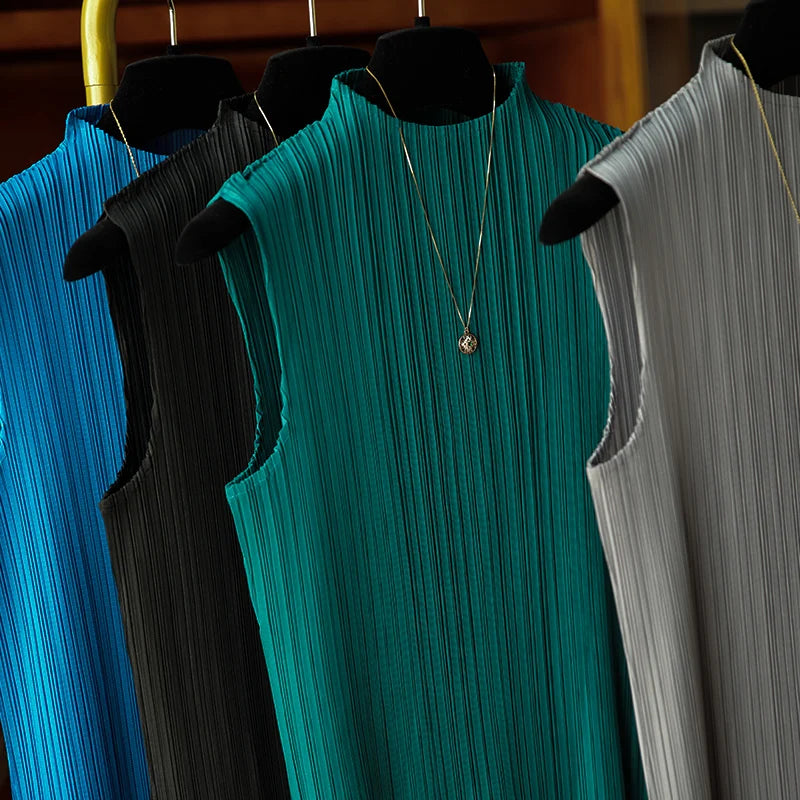YUDX Miyake Pleated Classic Tops Sleeveless Bst T-shirt Harajuku Kawaii Korean Casual Fashion Fold Women Tees Aesthetic Clothes