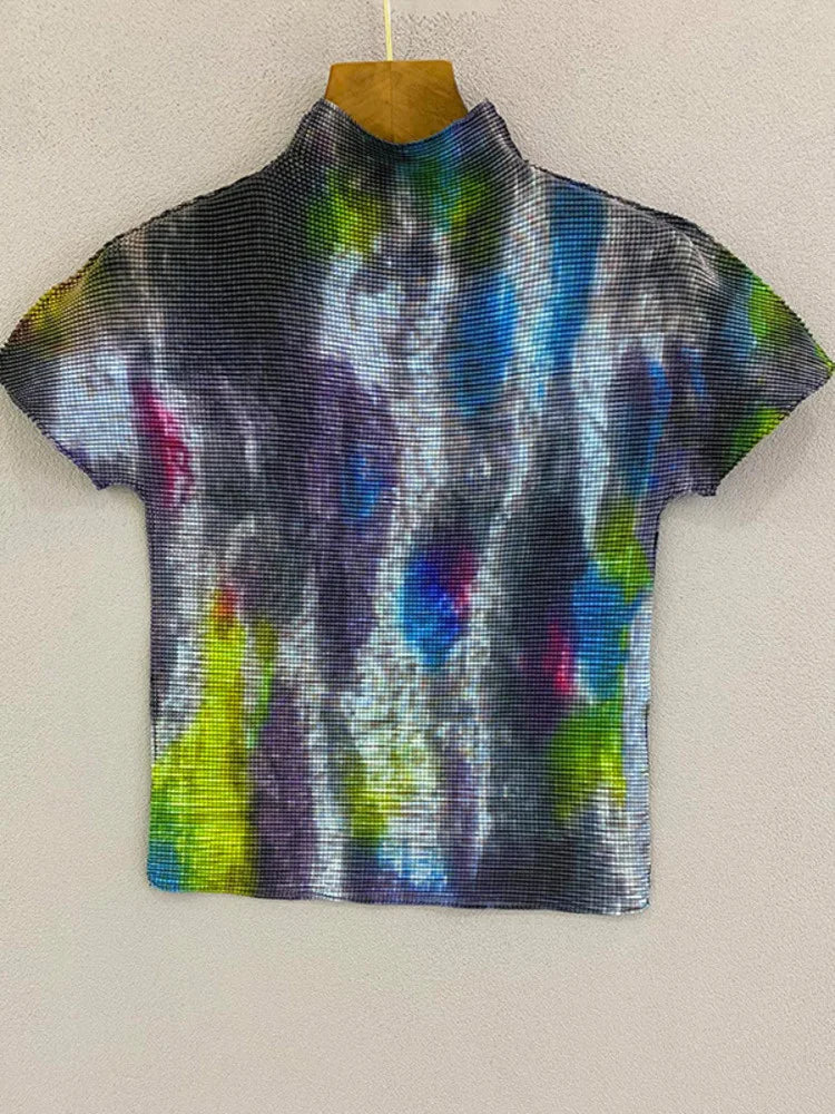 YUDX Printing Pleated T Shrit Woman Turtleneck Short Sleeve Pullover Elastic Slim Fit Tops High Street 2025 New Summer