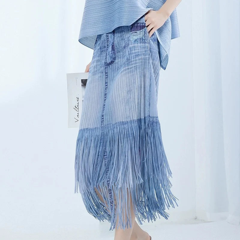 Miyake Folded Denim Style Sheath Dress 2025 Summer New Sleeveless Top + Fringe Half Skirt Set
