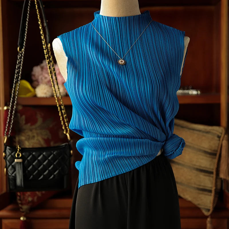 YUDX Miyake Pleated Classic Tops Sleeveless Bst T-shirt Harajuku Kawaii Korean Casual Fashion Fold Women Tees Aesthetic Clothes