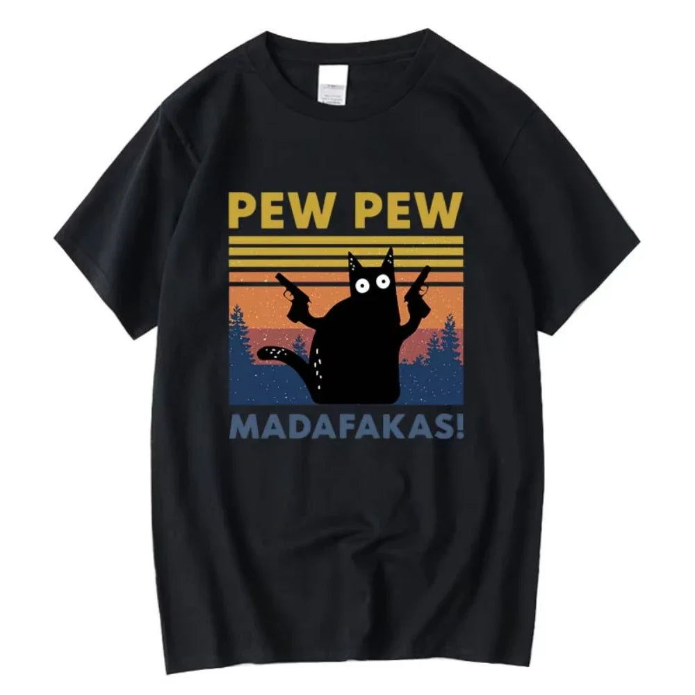 Pew Pew Madafakas Tshirt Men Short Sleeve Novelty Funny Cat T Shirt Cotton Loose Tops Shirts Tee T-Shirt Daily Streetwear
